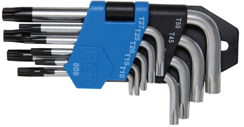 Juego de llaves acodadas | cortas | perfil en T (para torx) con perforación T10-T50 | 9 Piezas